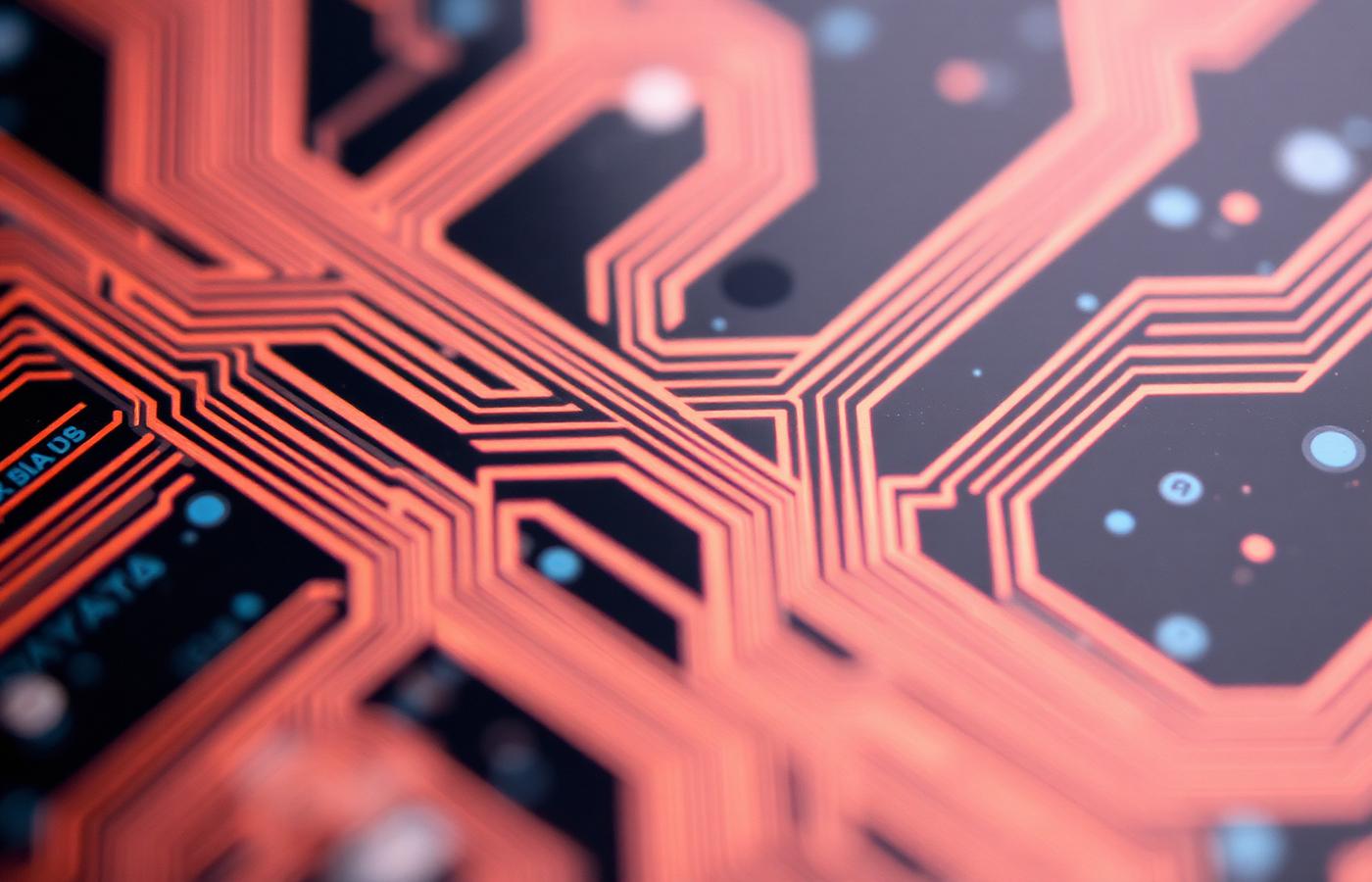 Extreme close-up of copper traces on a printed circuit board illuminated by warm light