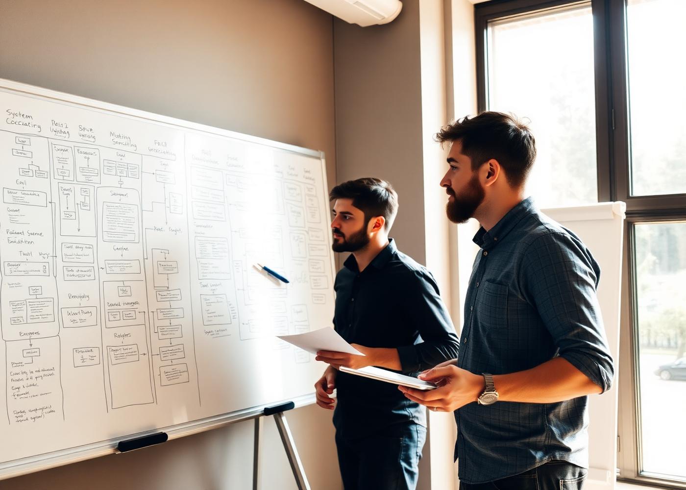 Two software engineers reviewing system architecture on a whiteboard covered in flow diagrams