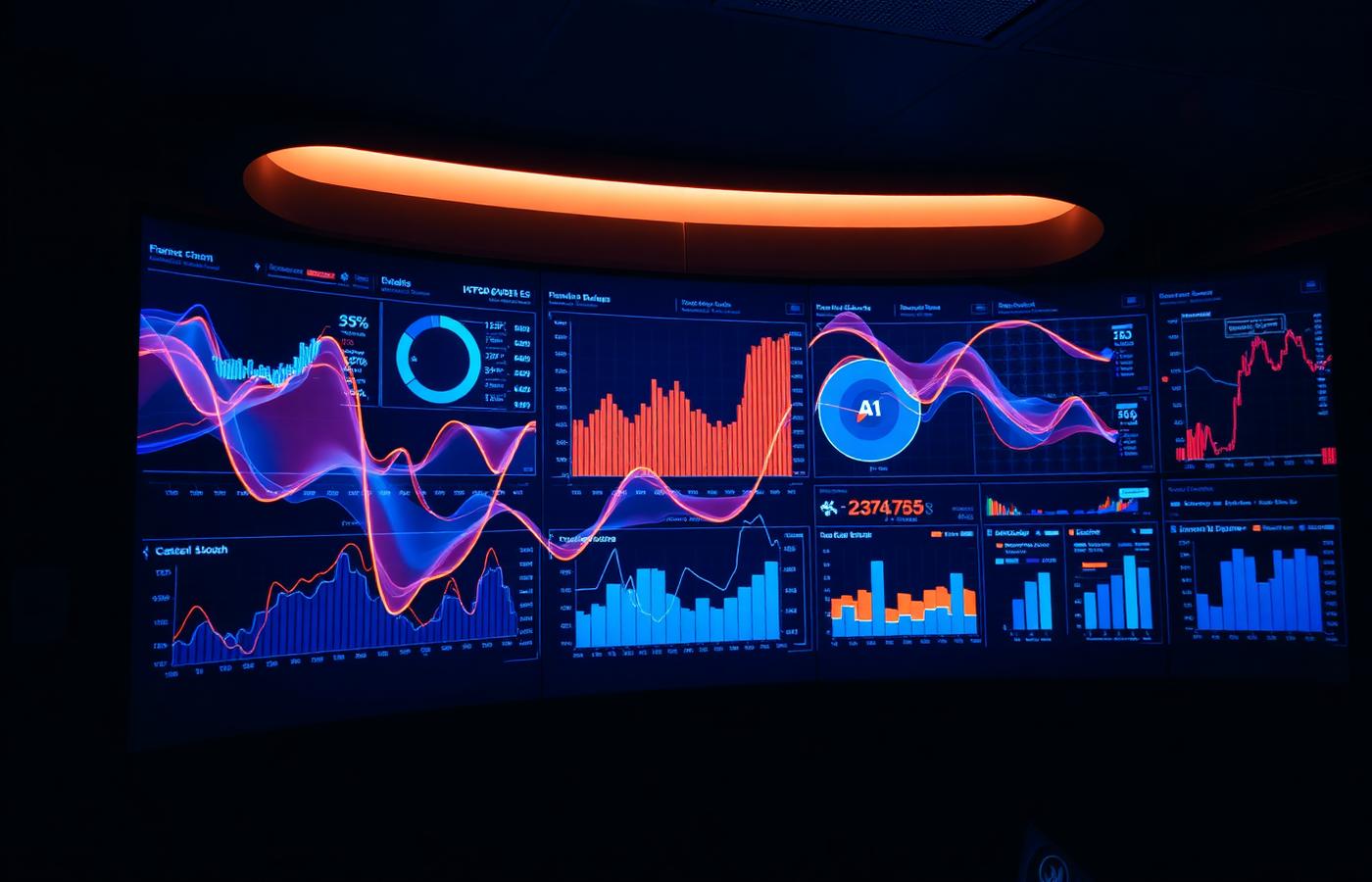 Wide analytics wall displaying operational dashboards with time-series charts in blue and amber