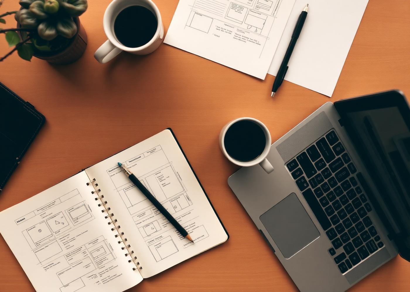 Overhead view of a designer's desk with hand-drawn wireframes, a notebook and coffee cups