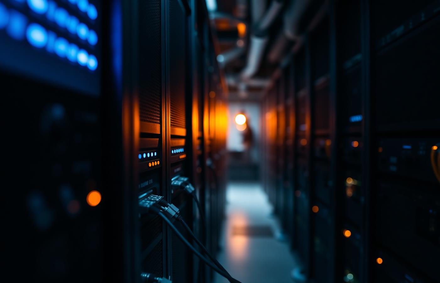 Detail of server racks in a modern data centre with blue and amber indicator lights