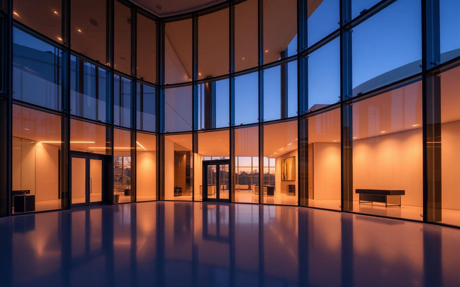 Modern glass-fronted office building lobby photographed at dusk with warm interior light